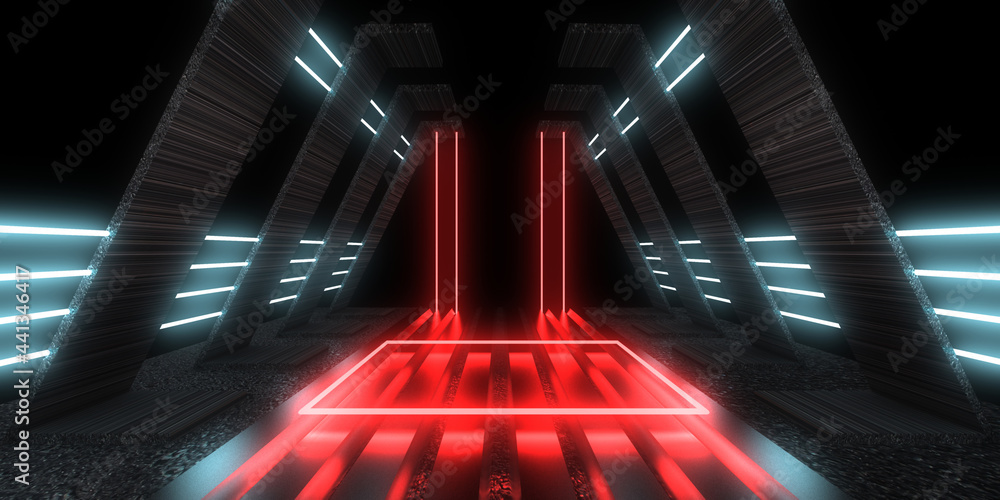 3D abstract background with neon lights. neon tunnel .space construction . .3d illustration - obrazy, fototapety, plakaty 