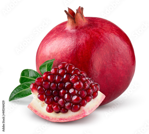 Pomegranate isolated. Pomegranate with seeds and leaves on white background. Full depth of field.