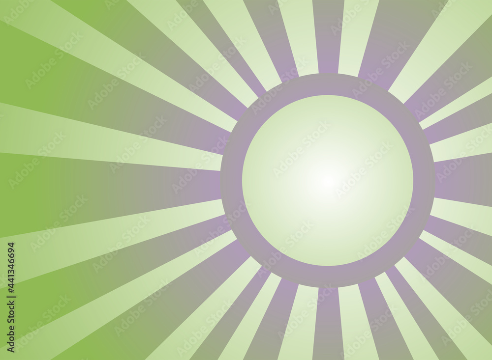Sunlight retro background with vintage round frame for text. Green and violet burst background.