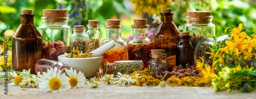 Panel kuchenny z motywem Tincture of medicinal herbs in bottles. Selective focus.