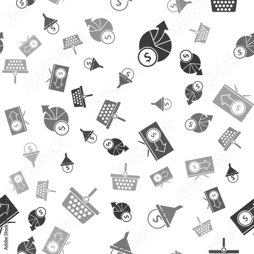 Set Money and diagram graph, Lead management, Monitor with dollar and Shopping basket on seamless pattern. Vector