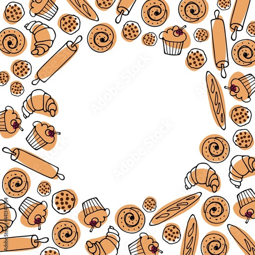 Border with Baking. Flat various pastries for logo, emblem, label, copy space. Sweets and desserts Cook, Bake shop pastry frame. Sweet baked food cupcake, bun, loaf, cookies, croissant and roll
