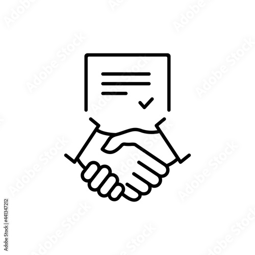 Business handshake teamwork linear concept. Contract line icon. Financial deal pictogram. Agreement signing symbol. Vector isolated on white.
