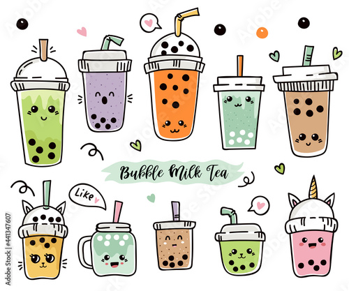 Set of cartoon cute bubble tea or pearl tea
