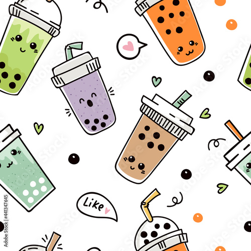 Seamless pattern with cute bubble tea or pearl tea