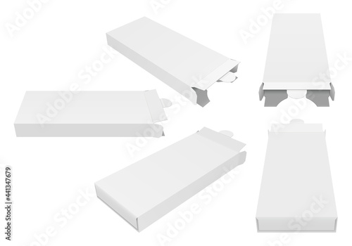Opened cardboard box with round eyelet. Set of various projections for packaging design presentation. Vector isolated realistic template illustration.
