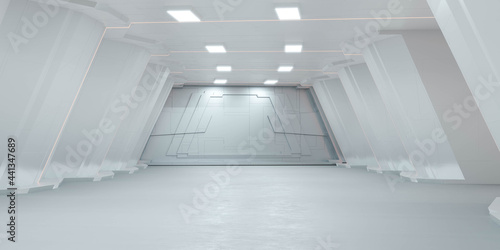 Futuristic tunnel interior view technology design studio hallway 3d render illustration