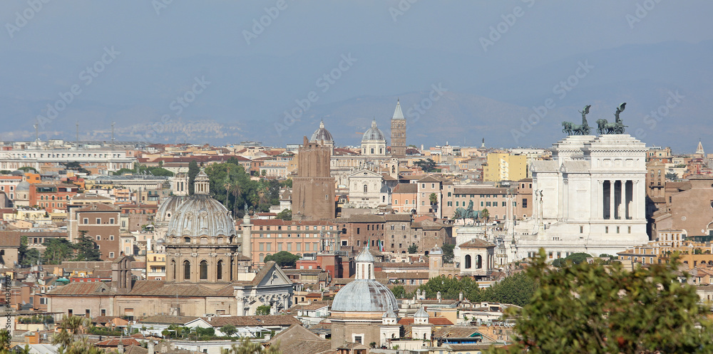 panoramic view of the city of Rome from the hill called Gianicolo and you can also see the huge monument called Altare della Patria