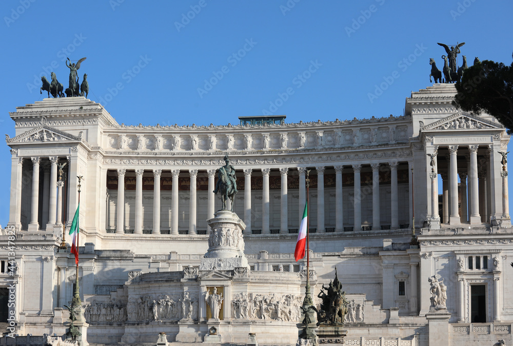 monument symbol of Italy called Altare della Patria or Vittoriano in the city of Rome and the tricolor flag