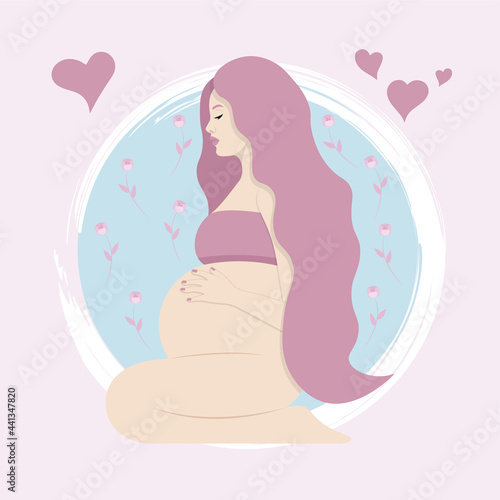 vector illustration of a beautiful pregnant girl sitting  background floral  pastel colors