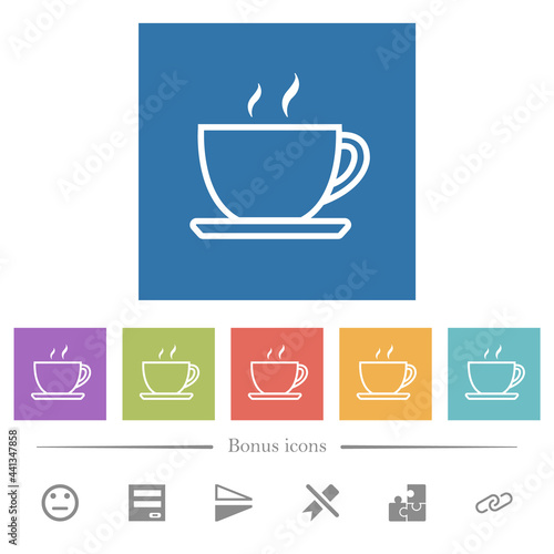 Cup of coffee outline flat white icons in square backgrounds
