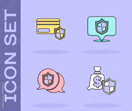 Set Money with shield, Credit card, Location and icon. Vector