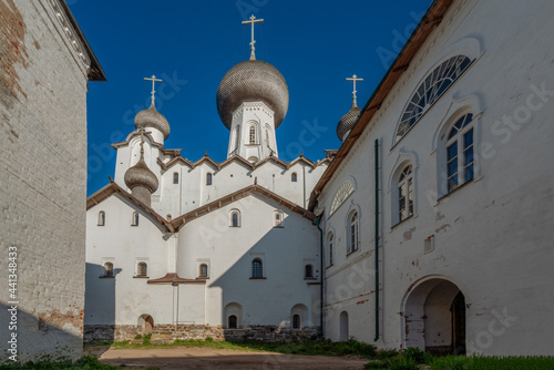 View of the complex of the Assumption Church with the refectory of the Solovetsky Monastery on a sunny summer day, Solovetsky Island, Arkhangelsk region, Russia