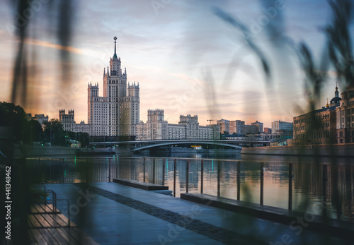 Kotelnicheskaya Embankment Building and Moscow river in Moscow, Russia, cityscape and landmark of Moscow. photo