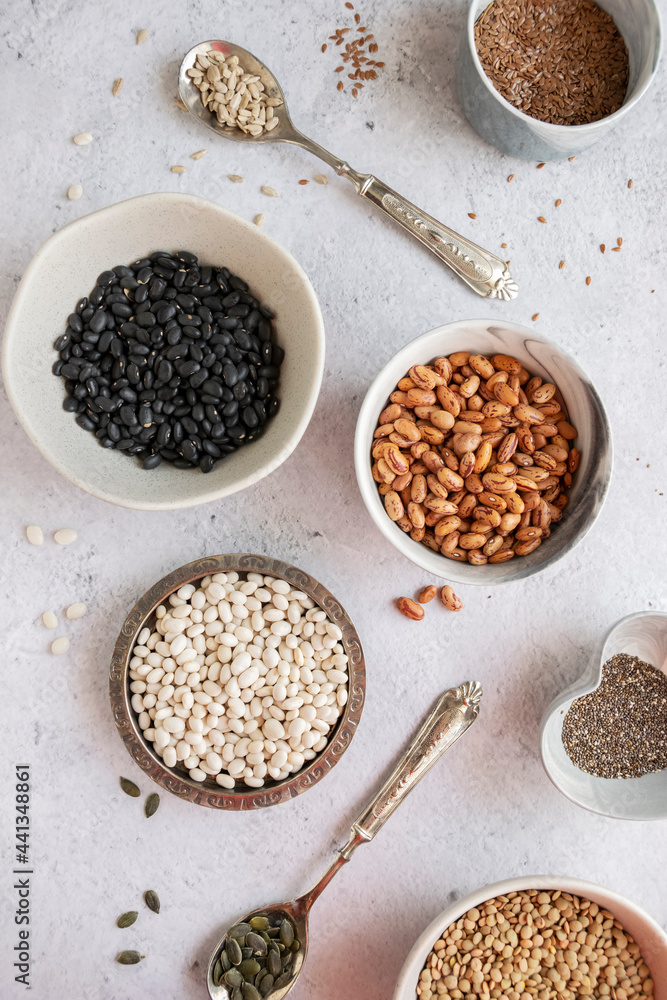 Variety of legumes and seeds. Healthy food foods naturally rich in protein Variety of legumes and seeds. Healthy food foods naturally rich in protein