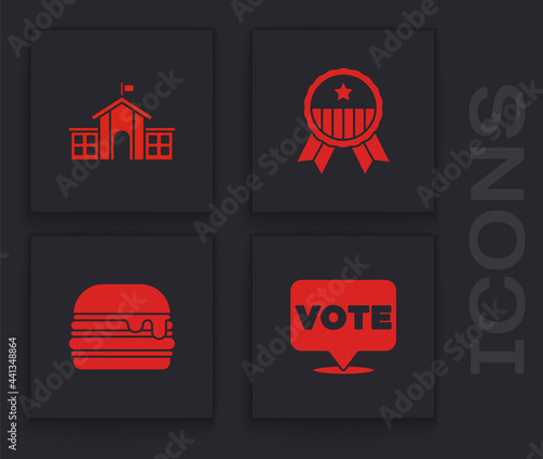 Set Vote, United States Capitol Congress, Medal with star and Burger icon. Vector