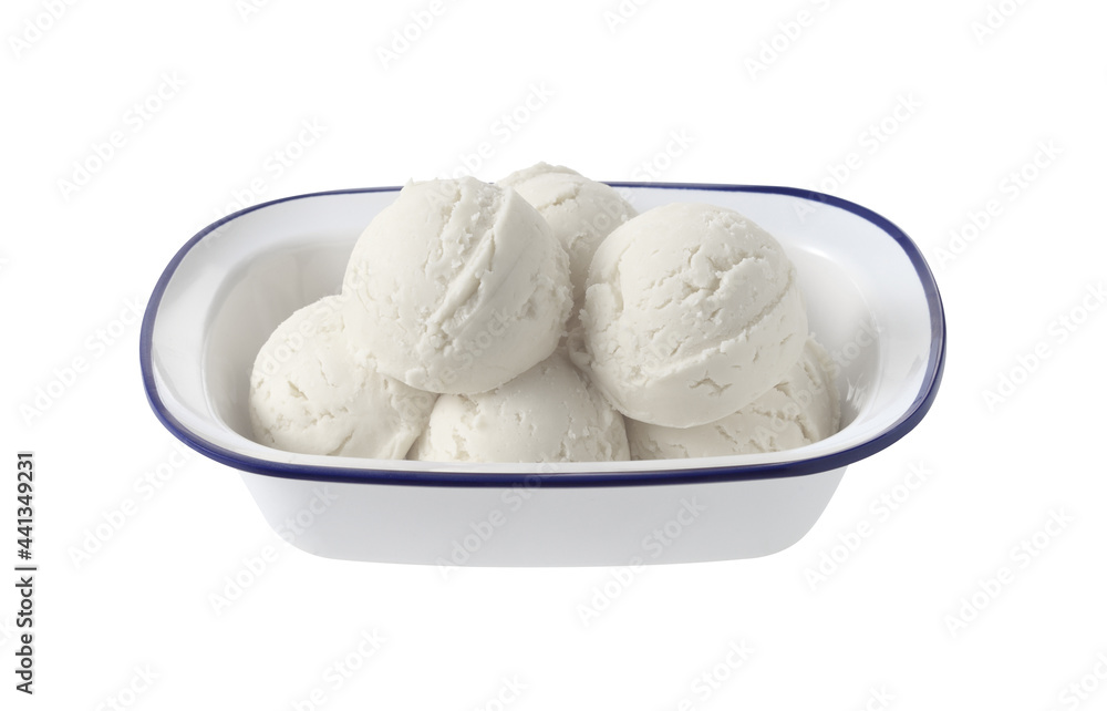  ice cream scoops in white cup on white background