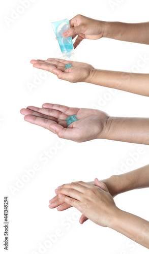 woman using antibacterial hand sanitizer gel on white background