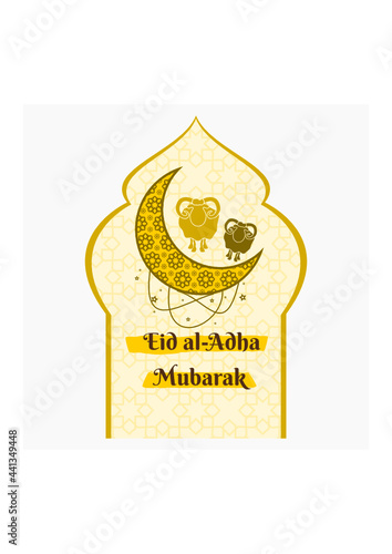 Editable Vector of Two Sheep Silhouette on Patterned Crescent Moon in Mosque Gate Frame Illustration for Artwork Elements of Eid Al-Adha or Islamic Holy Festival Design Concept
