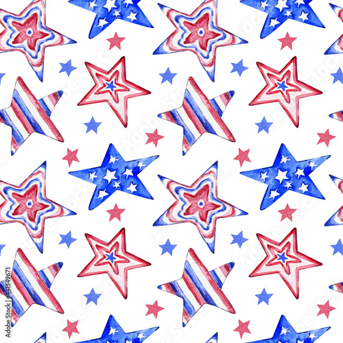 Blue and red stars with the American flag on a white background. Hand-drawn seamless watercolor pattern. Patriotic design for Independence Day in the USA on 4th of July