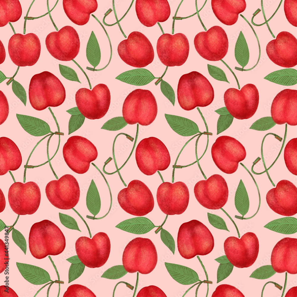 Crayon cherry with leaves seamless pattern. Hand drawn artistic sweet berry repeatable background with pastels. Cute Colorful stylish illustration for backgrounds, textiles, tapestries. Crayon cherry with leaves seamless pattern. Hand drawn artistic sweet berry repeatable background with pastels. Cute Colorful stylish illustration for backgrounds, textiles, tapestries.