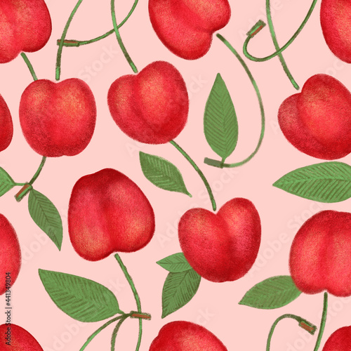 Crayon cherry with leaves seamless pattern. Hand drawn artistic sweet berry repeatable background with pastels. Cute Colorful stylish illustration for backgrounds, textiles, tapestries.