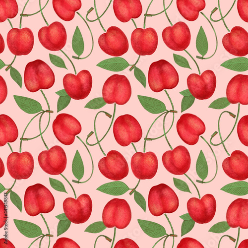 Crayon cherry with leaves seamless pattern. Hand drawn artistic sweet berry repeatable background with pastels. Cute Colorful stylish illustration for backgrounds, textiles, tapestries.
