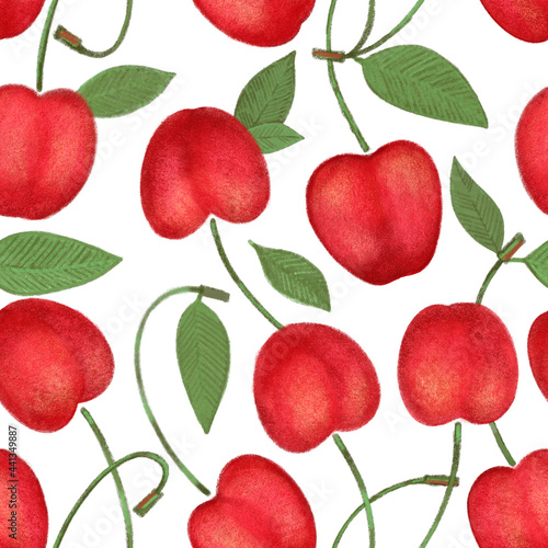 Crayon cherry with leaves seamless pattern. Hand drawn artistic sweet berry repeatable background with pastels. Cute Colorful stylish illustration for backgrounds, textiles, tapestries.