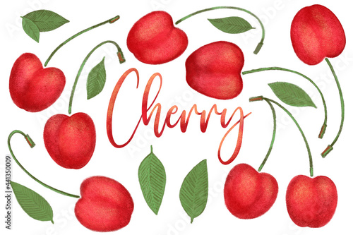 Crayon cherry with leaves set. Hand drawn artistic berry repeatable background with pastels. Cute Colorful stylish illustration for backgrounds, textiles, tapestries.