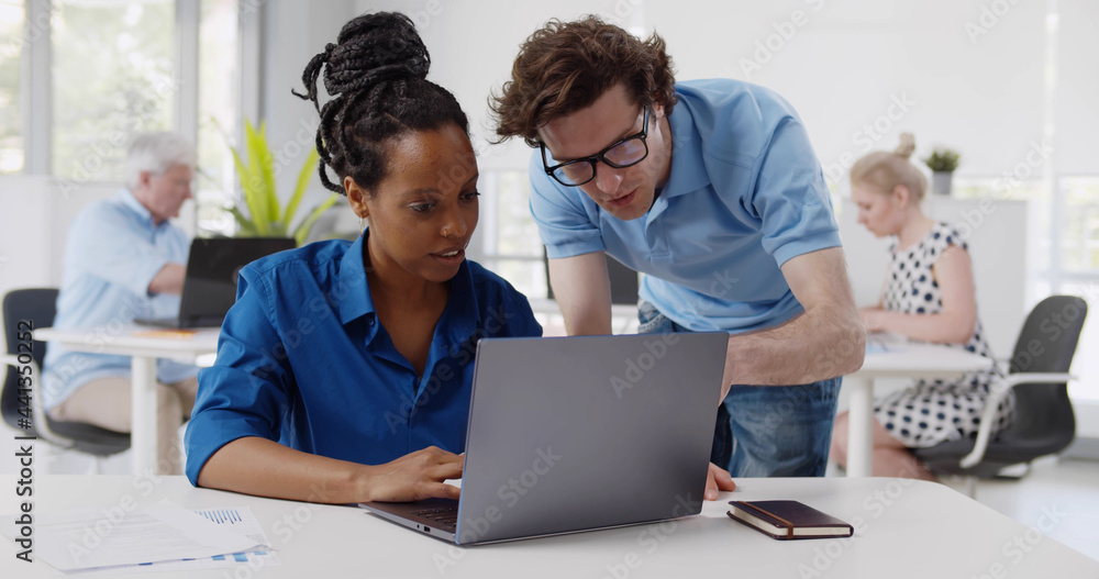 Fototapeta premium Diverse male and female business colleague in discussion at desk in office looking at laptop