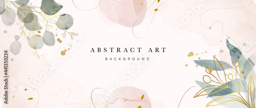 Abstract art background vector. Luxury minimal style wallpaper with golden line art flower and botanical leaves, Organic shapes, Watercolor. Vector background for banner, poster, Web and packaging. photo