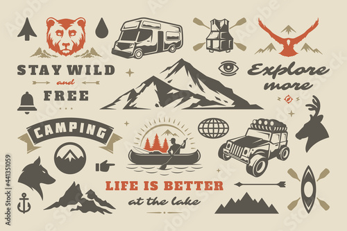 Camping and outdoor adventure design elements set quotes and icons vector illustration