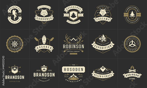 Camping logos and badges templates vector design elements and silhouettes set