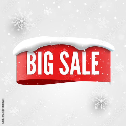 Big sale banner with red tag, snow cap and snowflakes. Vector illustration.