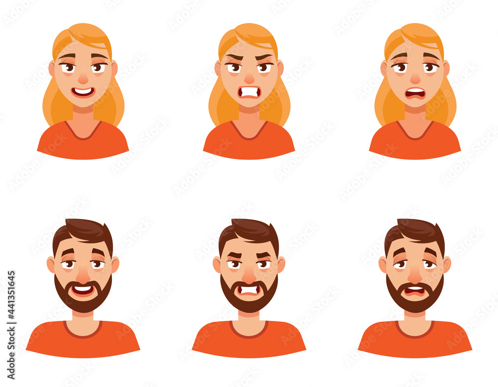 Man and woman with different emotions. Male and female portraits in cartoon style. Man and woman with different emotions. Male and female portraits in cartoon style.