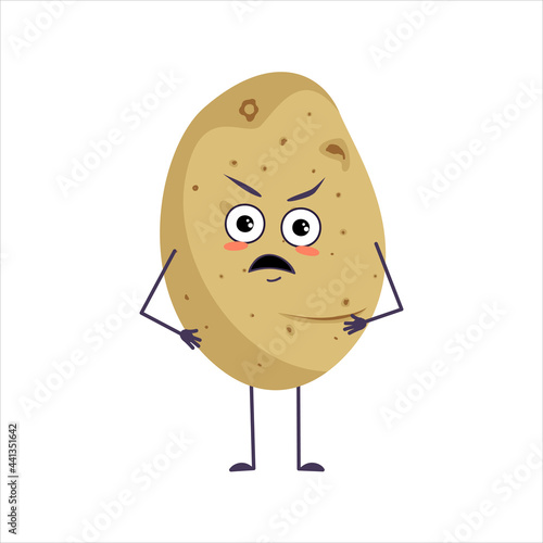 Cute potato character with angry emotions, face, arms and legs. The funny or grumpy food hero, vegetable. Vector flat illustration