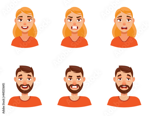 Man and woman with different emotions. Male and female portraits in cartoon style.