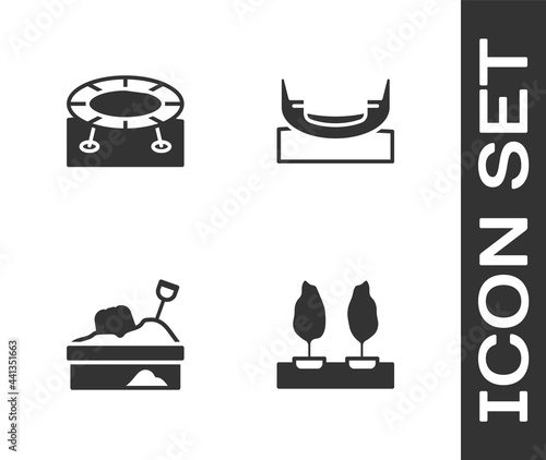 Set Forest, Jumping trampoline, Sandbox with sand and Boat swing icon. Vector