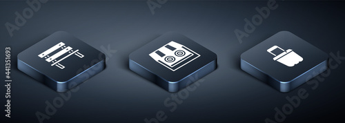 Set Isometric Bench, Sand in bucket and Shooting gallery icon. Vector