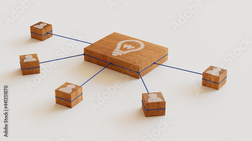 Innovation Technology Concept with lightbulb Symbol on a Wooden Block. User Network Connections are Represented with Blue string. White background. 3D Render. photo