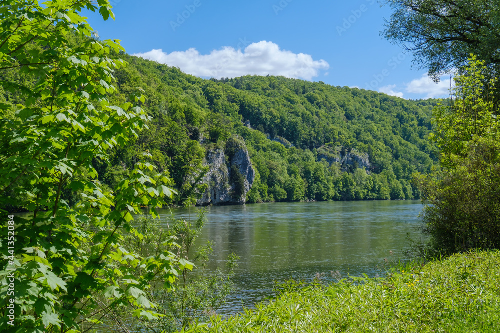 Im Sommer an der schhönen Donau: Blick von einem grün bewachsenen Ufer auf die andere Seite Im Sommer an der schhönen Donau: Blick von einem grün bewachsenen Ufer auf die andere Seite