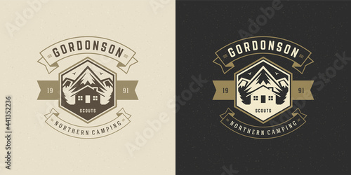 Mountains logo emblem outdoor adventure camping vector illustration mountain and cabin silhouettes