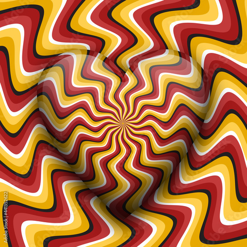 Radiant heart moving optical illusion vector abstraction. Yellow red curved striped patterned spinning heart.