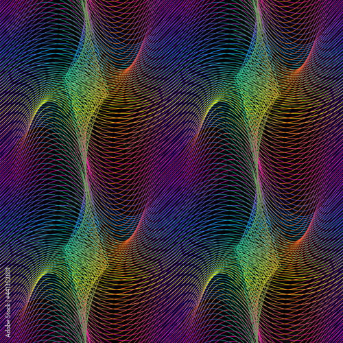 Vector moire seamless pattern of winding iridescent lines. Abstract multicolor holographic texture for fabric design.