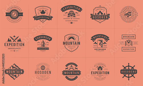 Camping logos and badges templates vector design elements and silhouettes set