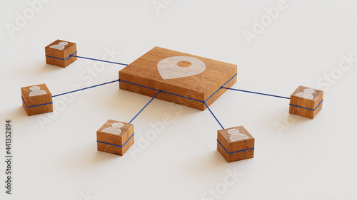 Location Technology Concept with map pin Symbol on a Wooden Block. User Network Connections are Represented with Blue string. White background. 3D Render. photo