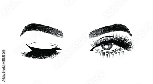 Female wink eye with Arabic makeup. Luxe eyelashes and natural detailed eyebrows