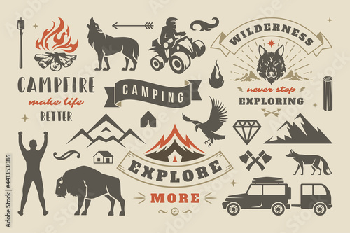 Camping and outdoor adventure design elements set, quotes and icons vector illustration