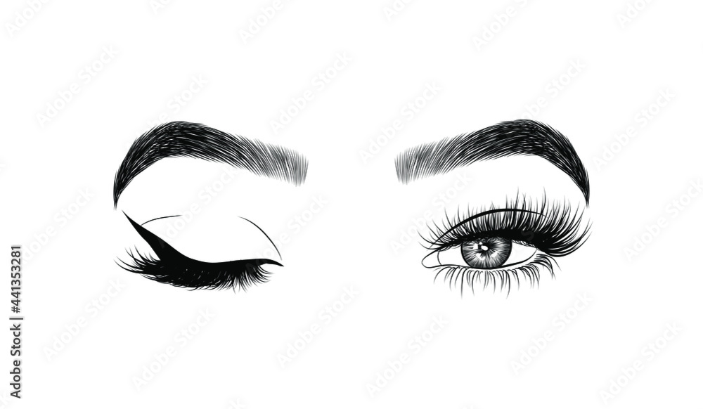 Sleek fashion illustration of the eye with luxe makeup and natural eyebrow. Hand drawn vector idea for business visit cards, templates, web, salon banners,brochures. Microblading visit card Sleek fashion illustration of the eye with luxe makeup and natural eyebrow. Hand drawn vector idea for business visit cards, templates, web, salon banners,brochures. Microblading visit card