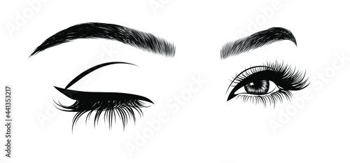 Sleek fashion illustration of the eye with luxe makeup and natural eyebrow. Hand drawn vector idea for business visit cards, templates, web, salon banners,brochures. Microblading visit card